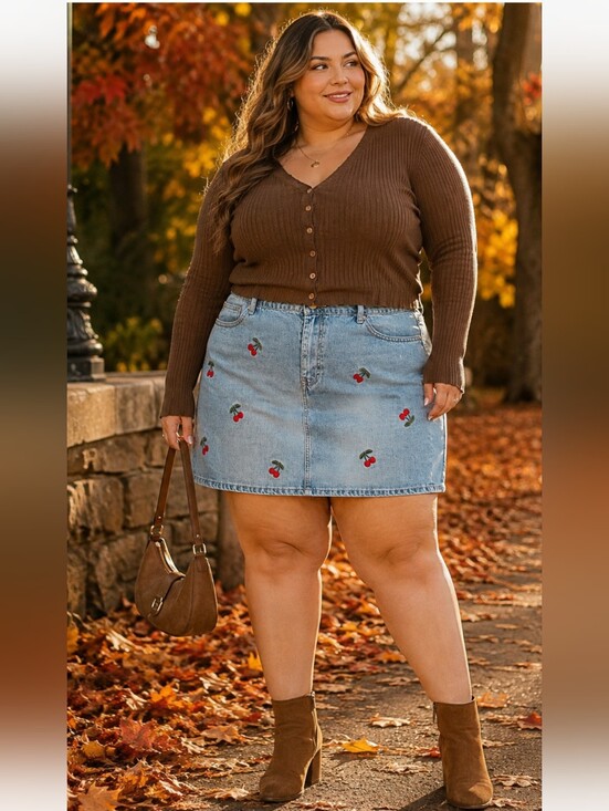 Forever 21 Dresses & Skirts - Forever 21+ 2X Cherry Embroidered Denim Mini Skirt Light Wash 🍒